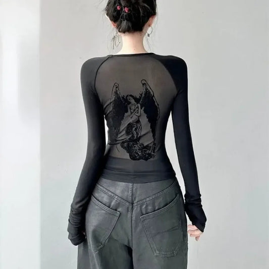 Black Sheer Angel Print Slim Long Sleeve Tee - T-Shirts - T-Shirt - 1