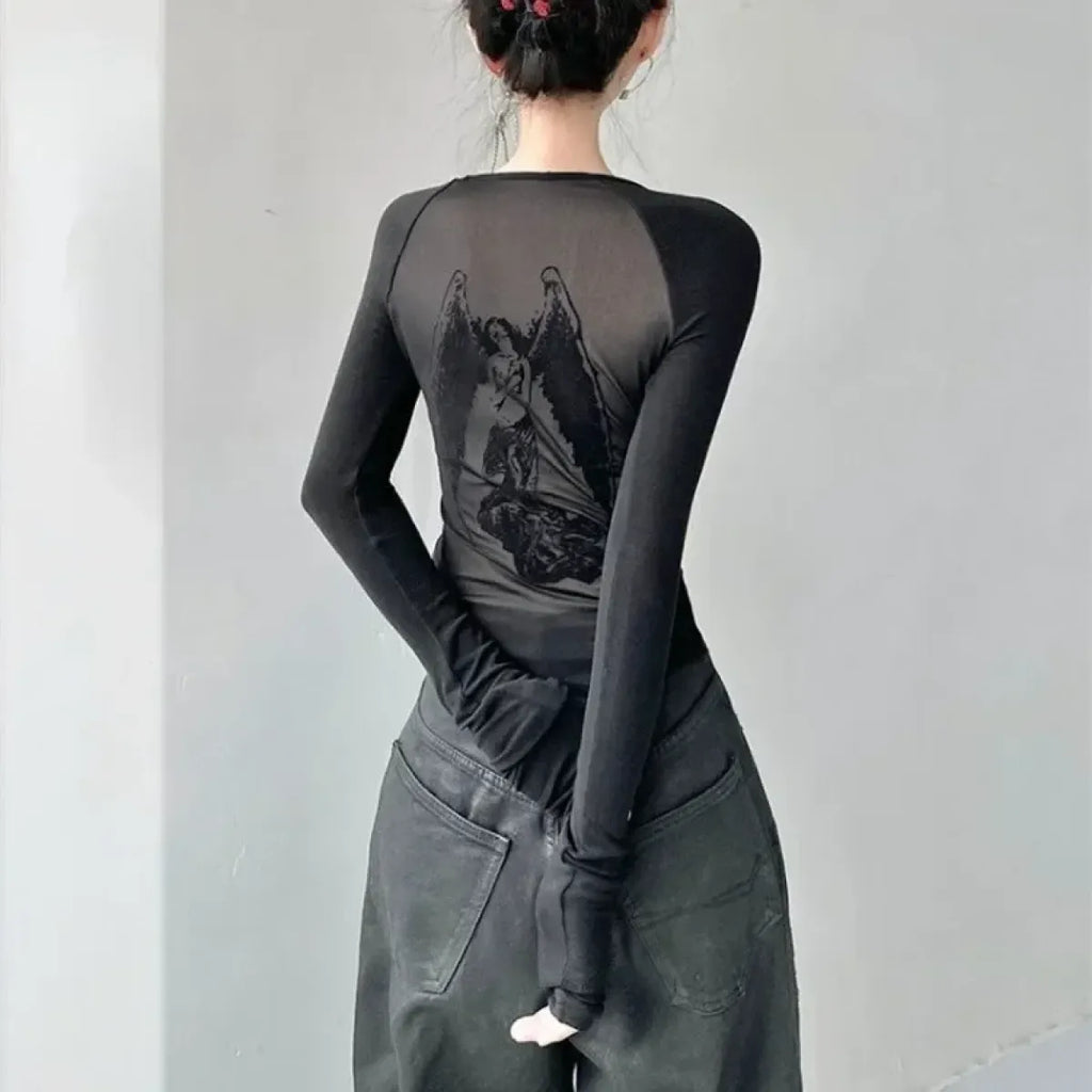 Black Sheer Angel Print Slim Long Sleeve Tee - T-Shirts - T-Shirt - 2
