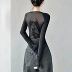 Black Sheer Angel Print Slim Long Sleeve Tee - T-Shirts - T-Shirt - 2