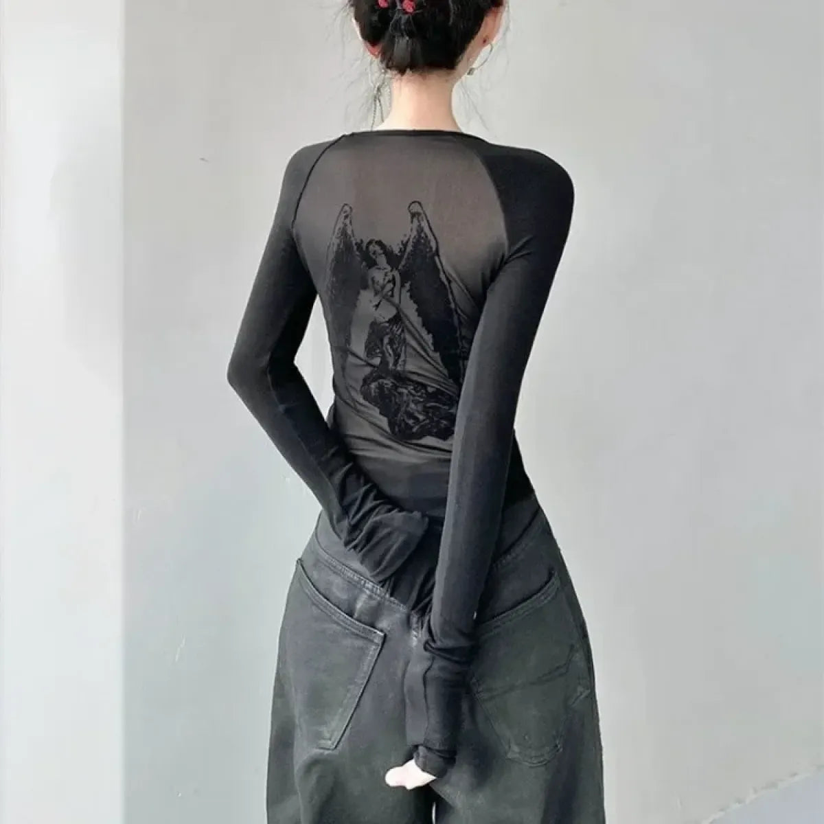 Black Sheer Angel Print Slim Long Sleeve Tee - T-Shirts - T-Shirt - 2