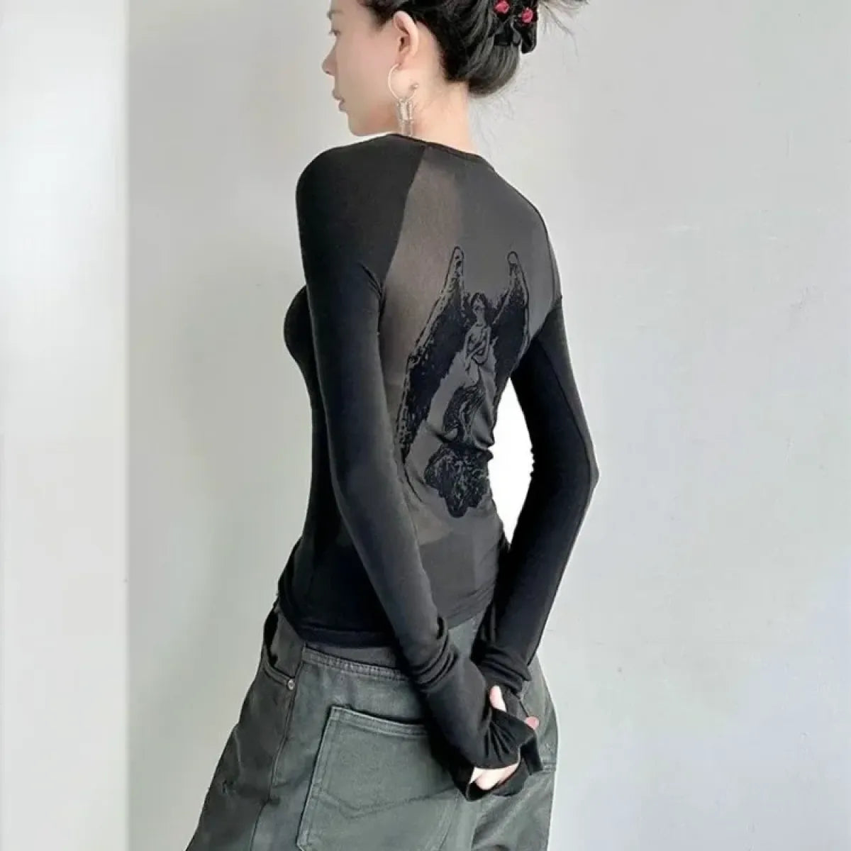 Black Sheer Angel Print Slim Long Sleeve Tee - T-Shirts - T-Shirt - 3