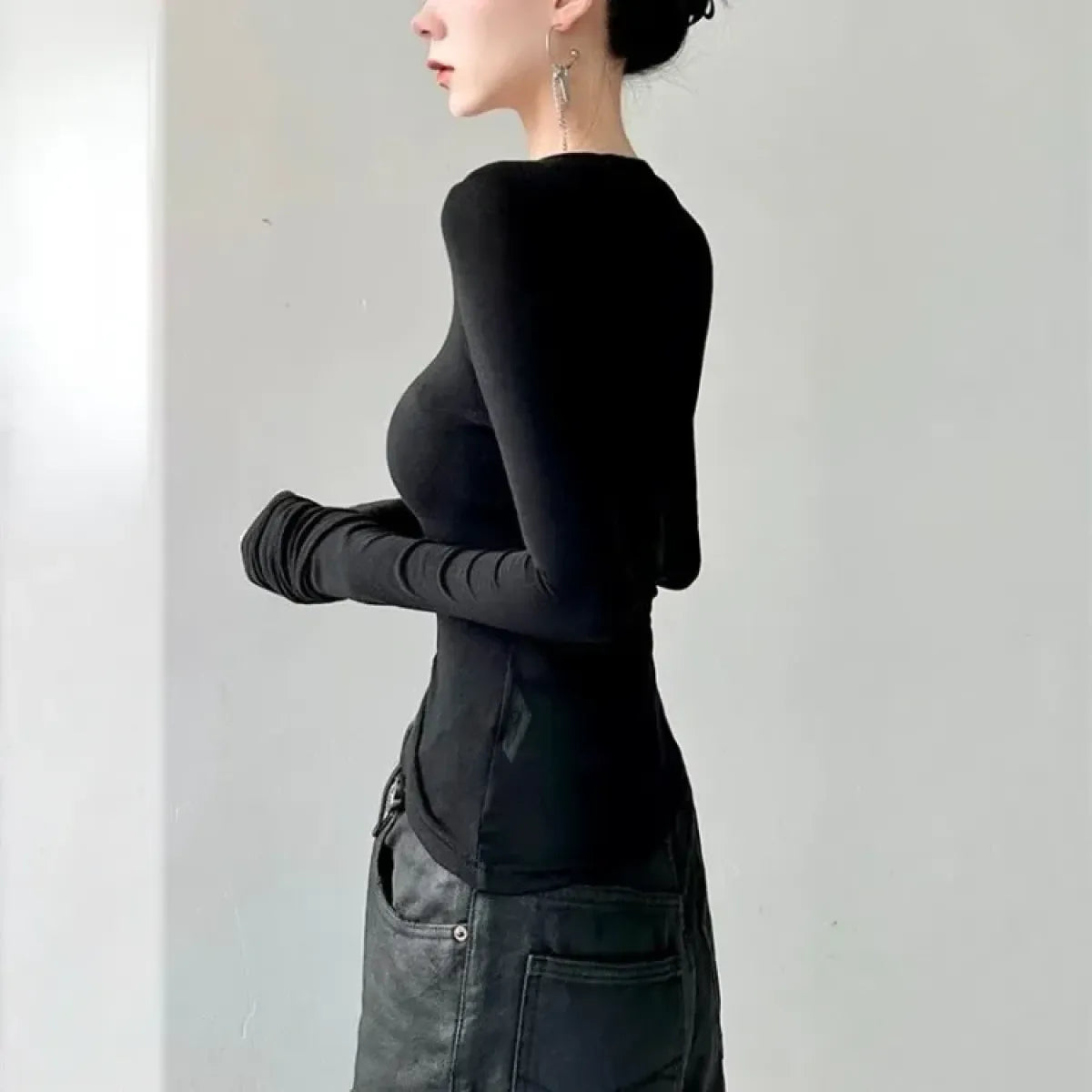 Black Sheer Angel Print Slim Long Sleeve Tee - T-Shirts - T-Shirt - 5