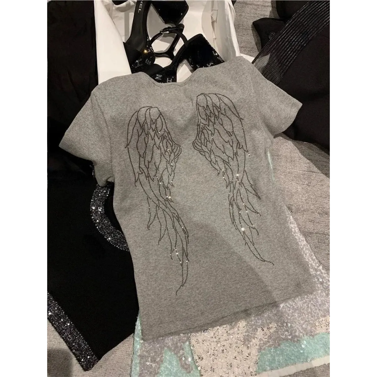 Angel Wings Rhinestone Slim Fit Tee - T-Shirts - T-Shirt - 1