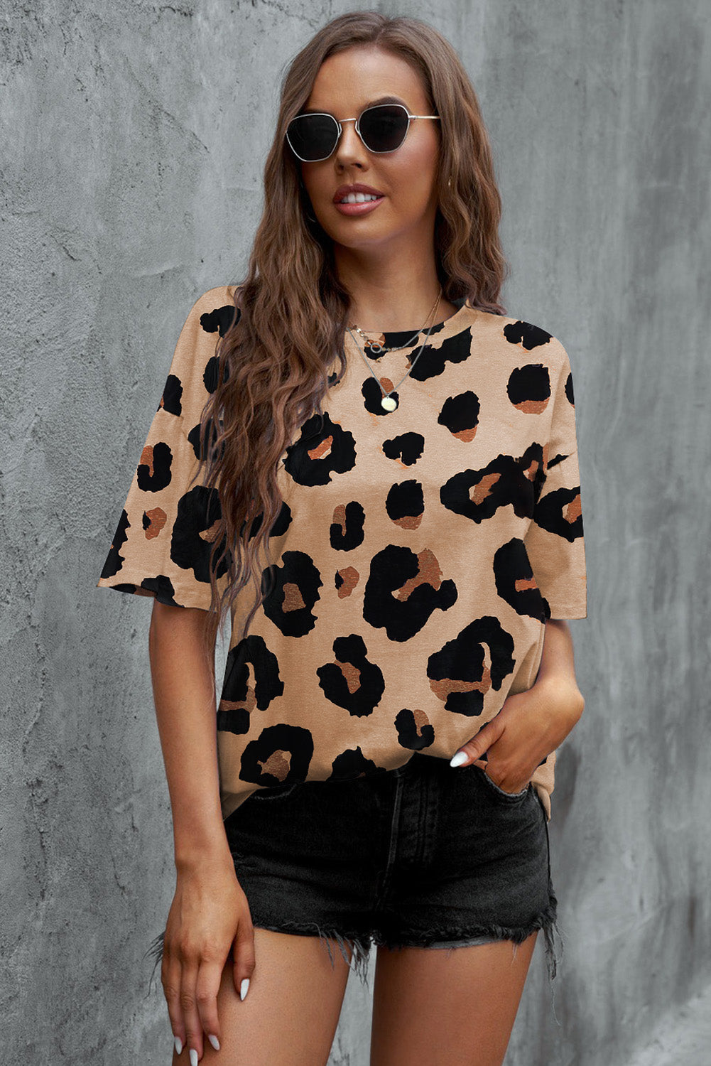 Animal Print Dropped Shoulder Round Neck T-Shirt - Light Brown / S - T-Shirts - Shirts & Tops - 2 - 2024