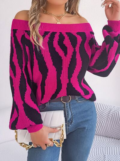 Off-Shoulder Animal Print Long Sleeve Sweater - Hot Pink / S - Sweaters - Shirts & Tops - 1 - 2024