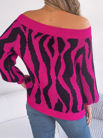 Off-Shoulder Animal Print Long Sleeve Sweater - Sweaters - Shirts & Tops - 2 - 2024