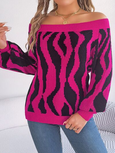 Off-Shoulder Animal Print Long Sleeve Sweater - Sweaters - Shirts & Tops - 3 - 2024