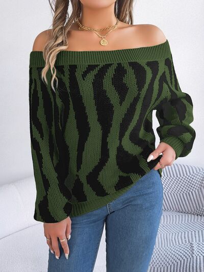 Off-Shoulder Animal Print Long Sleeve Sweater - Army Green / S - Sweaters - Shirts & Tops - 5 - 2024