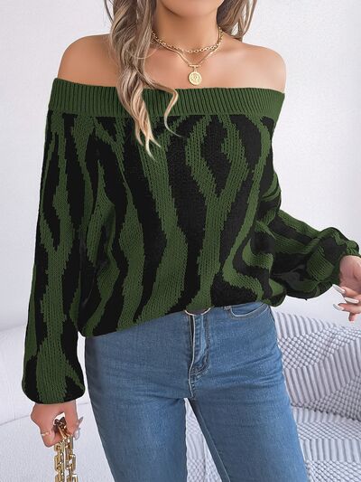 Off-Shoulder Animal Print Long Sleeve Sweater - Sweaters - Shirts & Tops - 6 - 2024