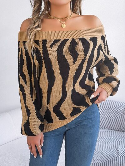 Off-Shoulder Animal Print Long Sleeve Sweater - Tan / S - Sweaters - Shirts & Tops - 9 - 2024