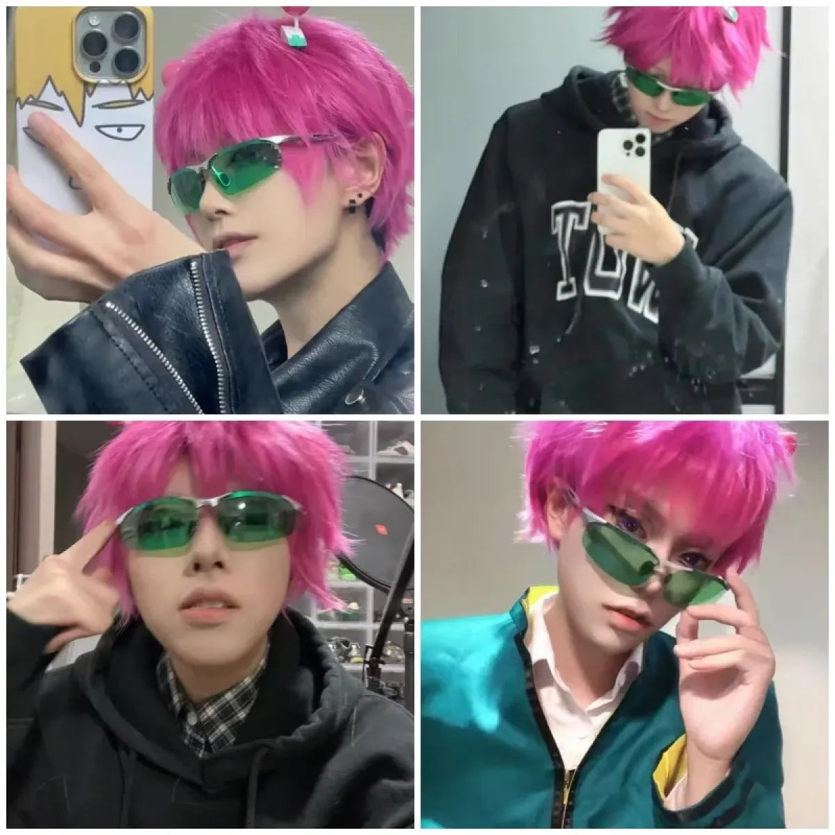 Saiki Kusuo Cosplay Wig – Pink Wig with Hairpins & Green Glasses Set - Anime - Cosplay - 5