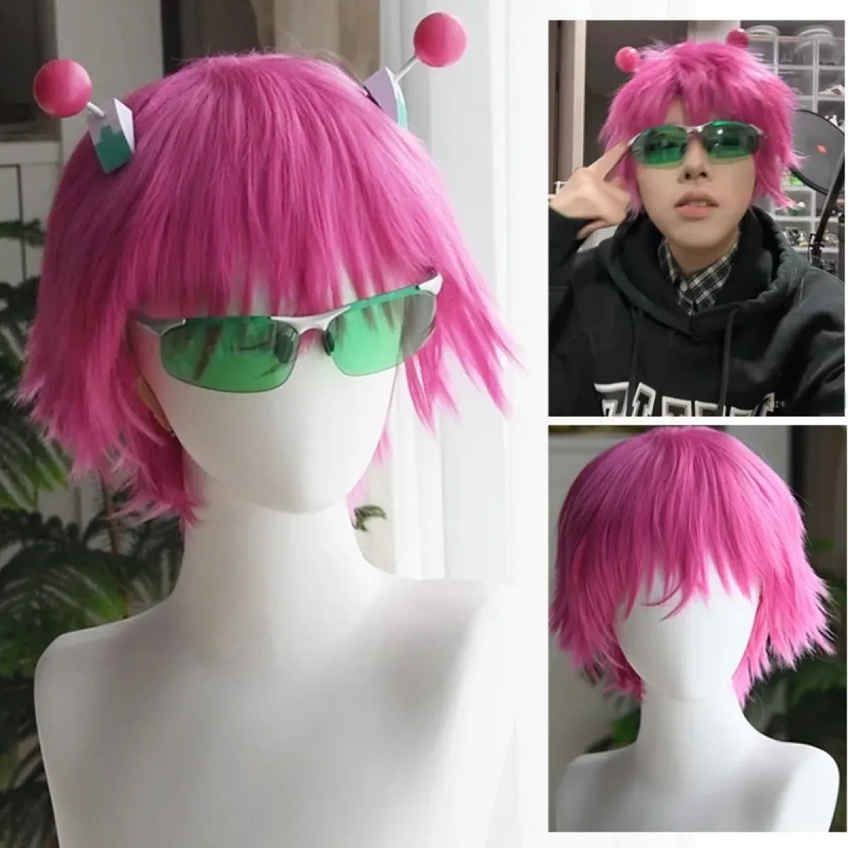 Saiki Kusuo Cosplay Wig – Pink Wig with Hairpins & Green Glasses Set - Anime - Cosplay - 1
