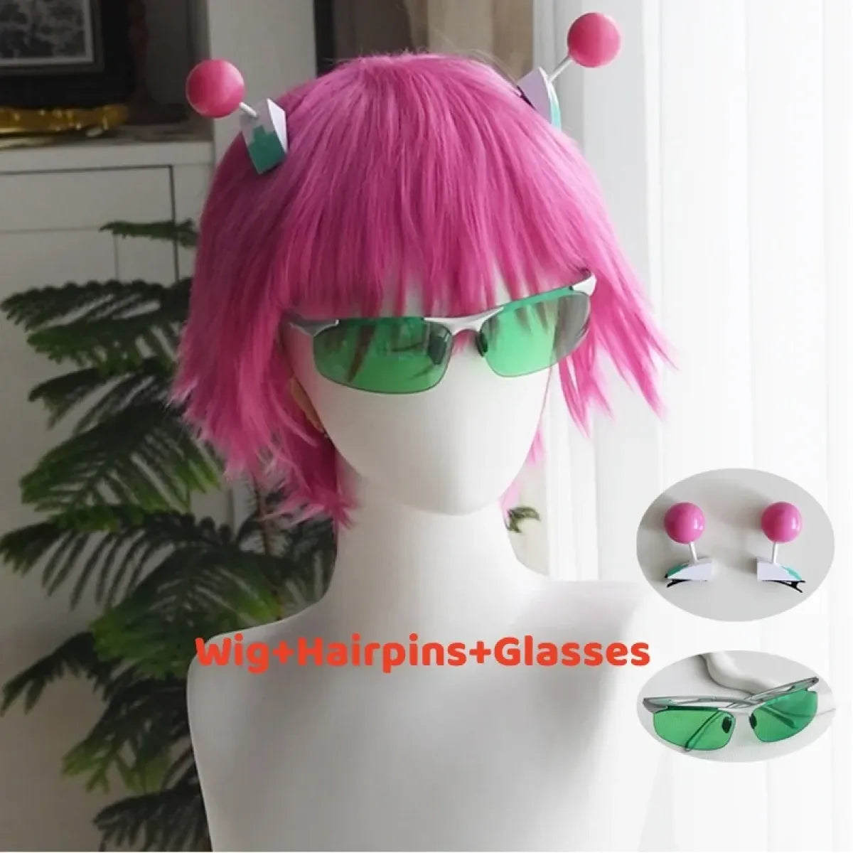 Saiki Kusuo Cosplay Wig – Pink Wig with Hairpins & Green Glasses Set - Anime - Cosplay - 14