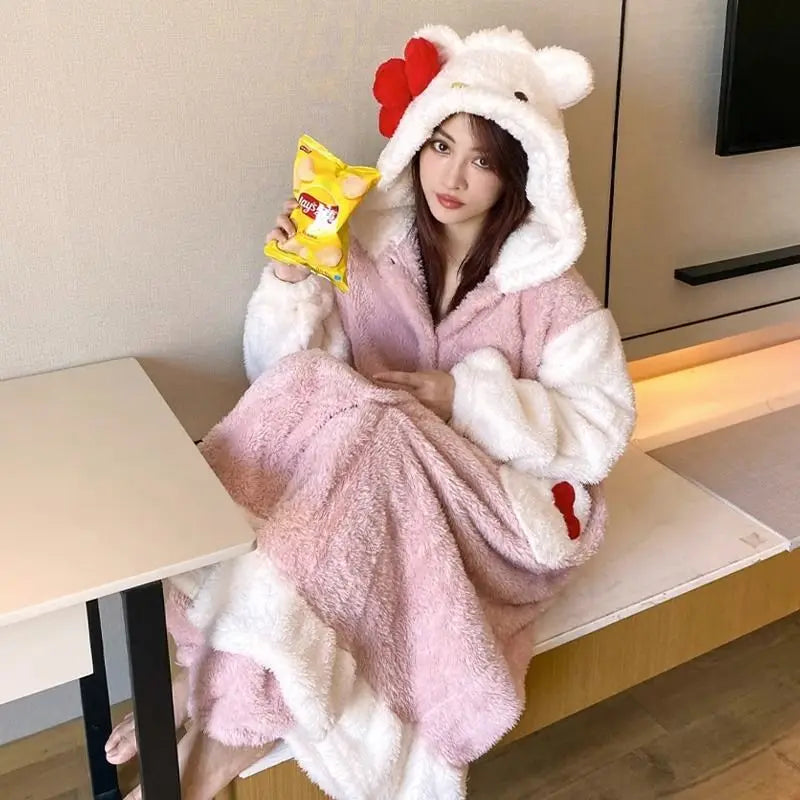 Hello Kitty Kawaii Bow Furry Pajamas - Sweet Long Anime Plush Loungewear - Anime - Loungewear - 2 - 2024