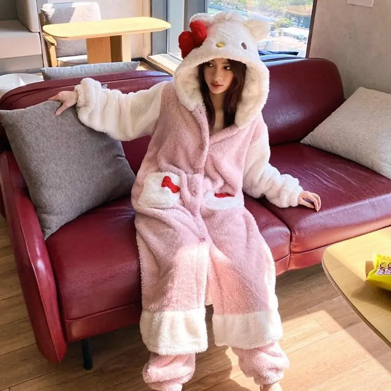 Hello Kitty Kawaii Bow Furry Pajamas - Sweet Long Anime Plush Loungewear - Anime - Loungewear - 3 - 2024