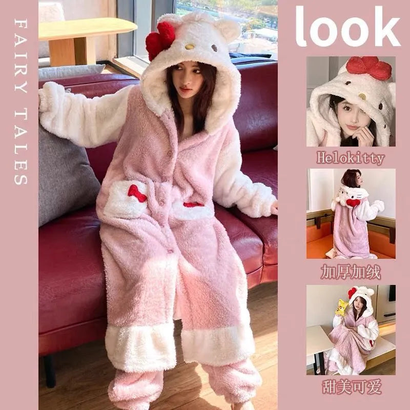 Hello Kitty Kawaii Bow Furry Pajamas - Sweet Long Anime Plush Loungewear - Anime - Loungewear - 1 - 2024