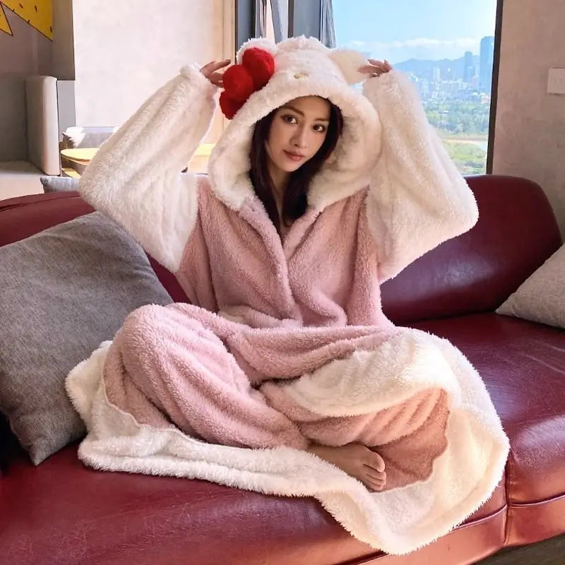 Hello Kitty Kawaii Bow Furry Pajamas - Sweet Long Anime Plush Loungewear - Anime - Loungewear - 4 - 2024