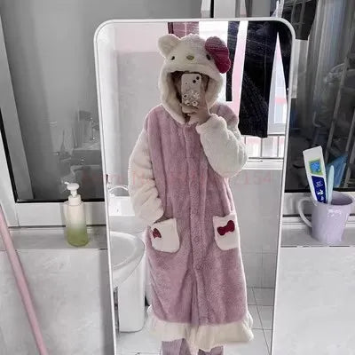 Hello Kitty Kawaii Bow Furry Pajamas - Sweet Long Anime Plush Loungewear - Anime - Loungewear - 6 - 2024