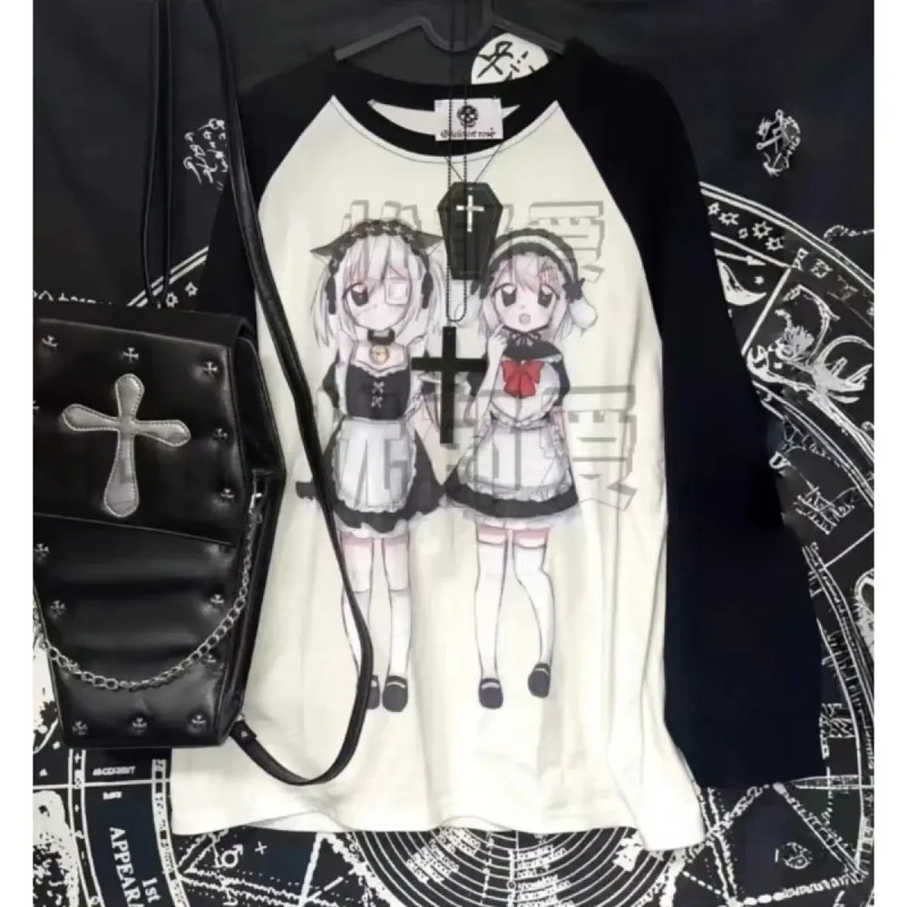 Yami Kawaii Long Sleeve Tee – Anime Maid Print - T-Shirts - Long - Round - T-Shirts - 1