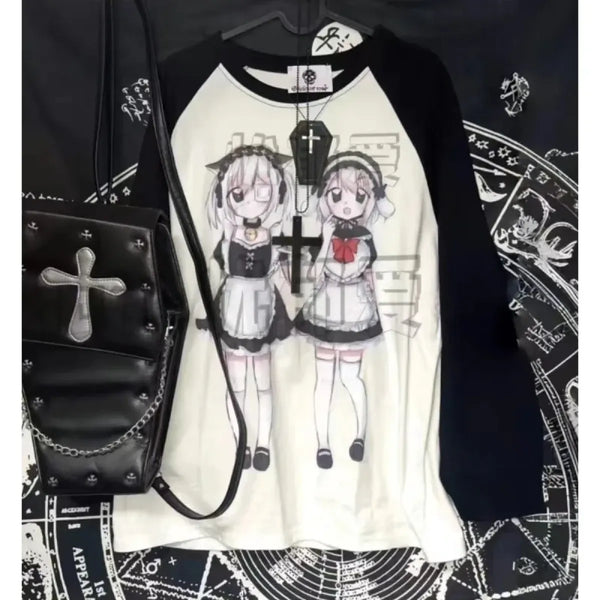 Yami Kawaii Long Sleeve Tee – Anime Maid Print - T-Shirts - Long - Round - T-Shirts - 1