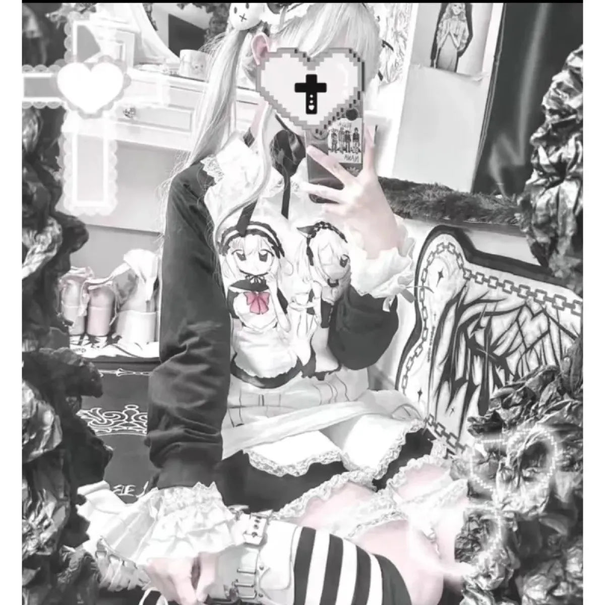 Yami Kawaii Long Sleeve Tee – Anime Maid Print - T-Shirts - Long - Round - T-Shirts - 2