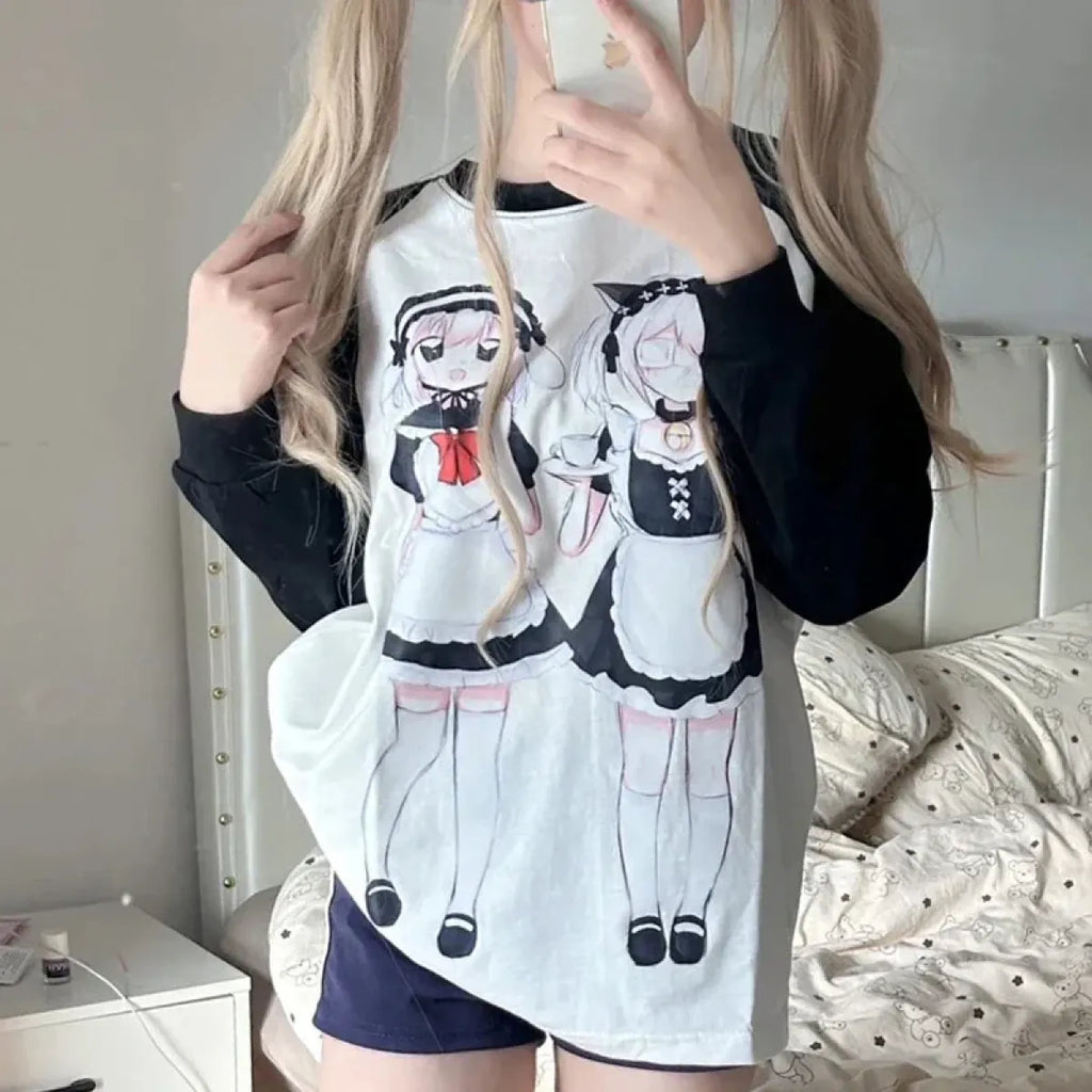 Yami Kawaii Long Sleeve Tee – Anime Maid Print - T-Shirts - Long - Round - T-Shirts - 5