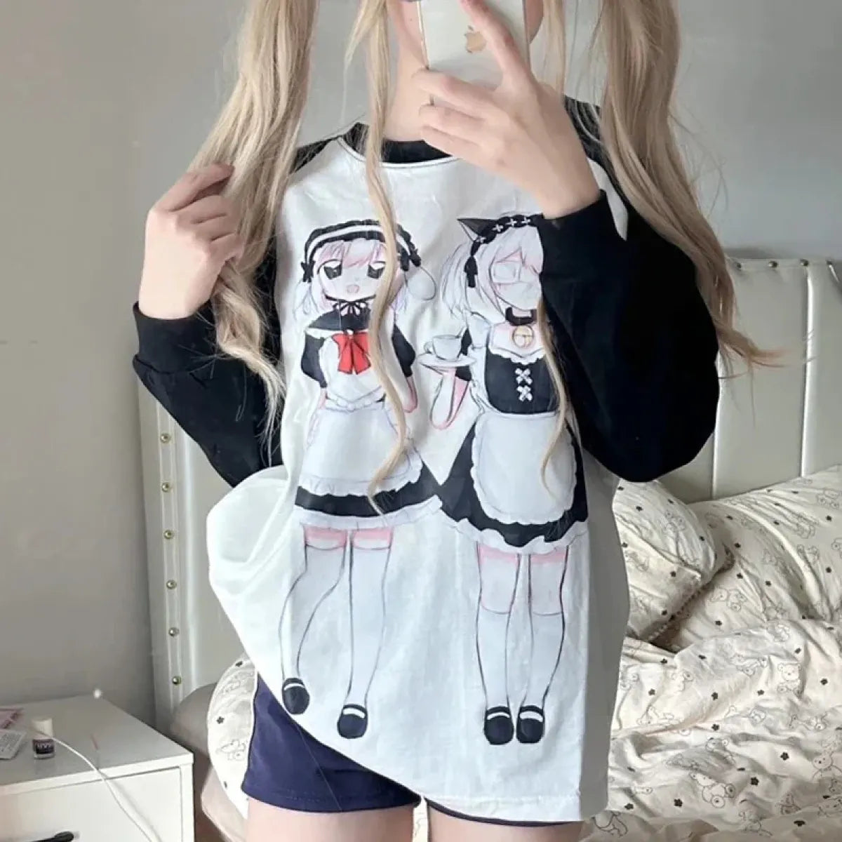 Yami Kawaii Long Sleeve Tee – Anime Maid Print - T-Shirts - Long - Round - T-Shirts - 5
