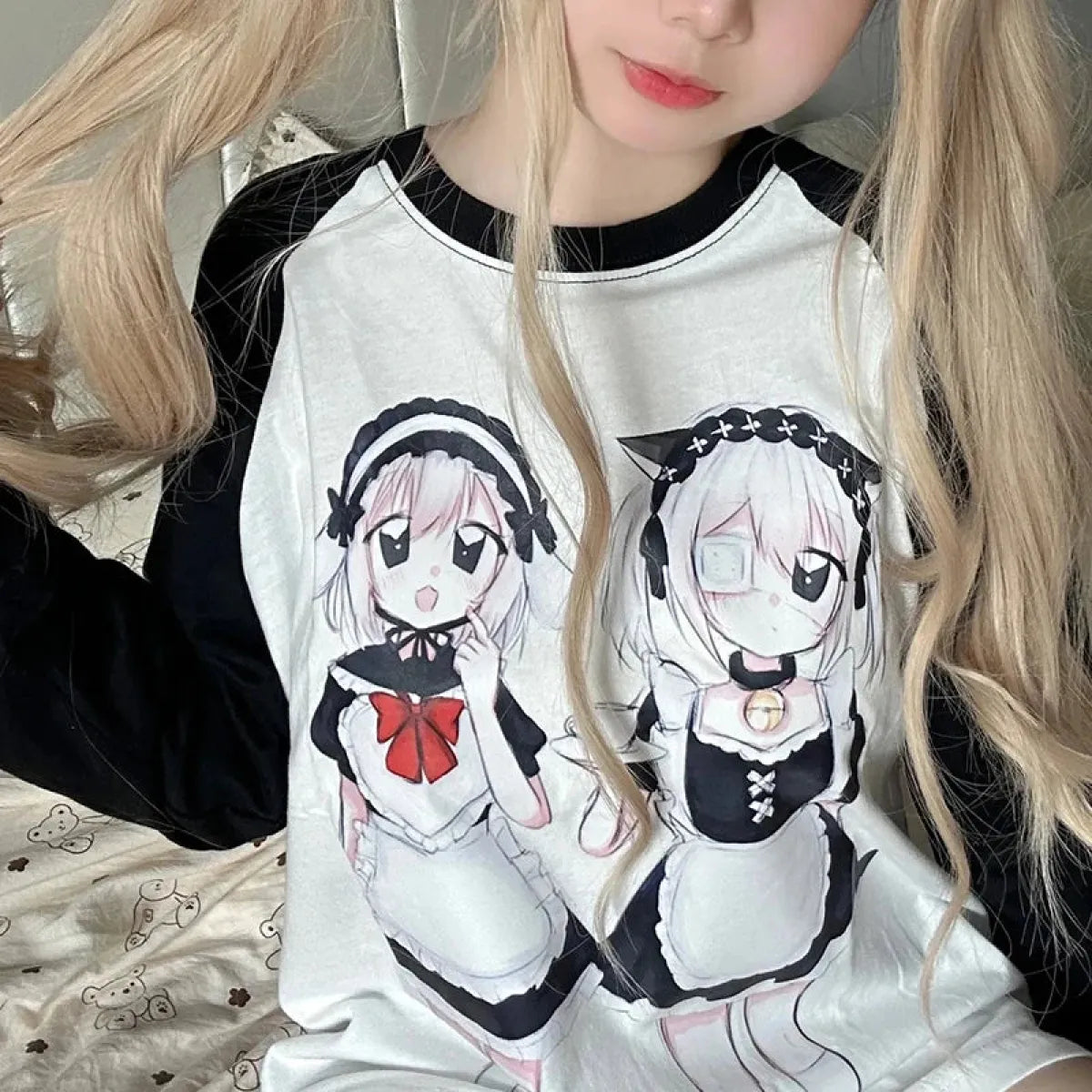 Yami Kawaii Long Sleeve Tee – Anime Maid Print - T-Shirts - Long - Round - T-Shirts - 6