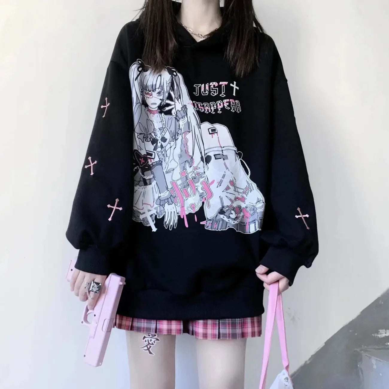 Oversized Harajuku Anime Hoodie – E-Girl Graphic Pullover - Black / S / CHINA - Anime - Hoodies - 8 - 2024