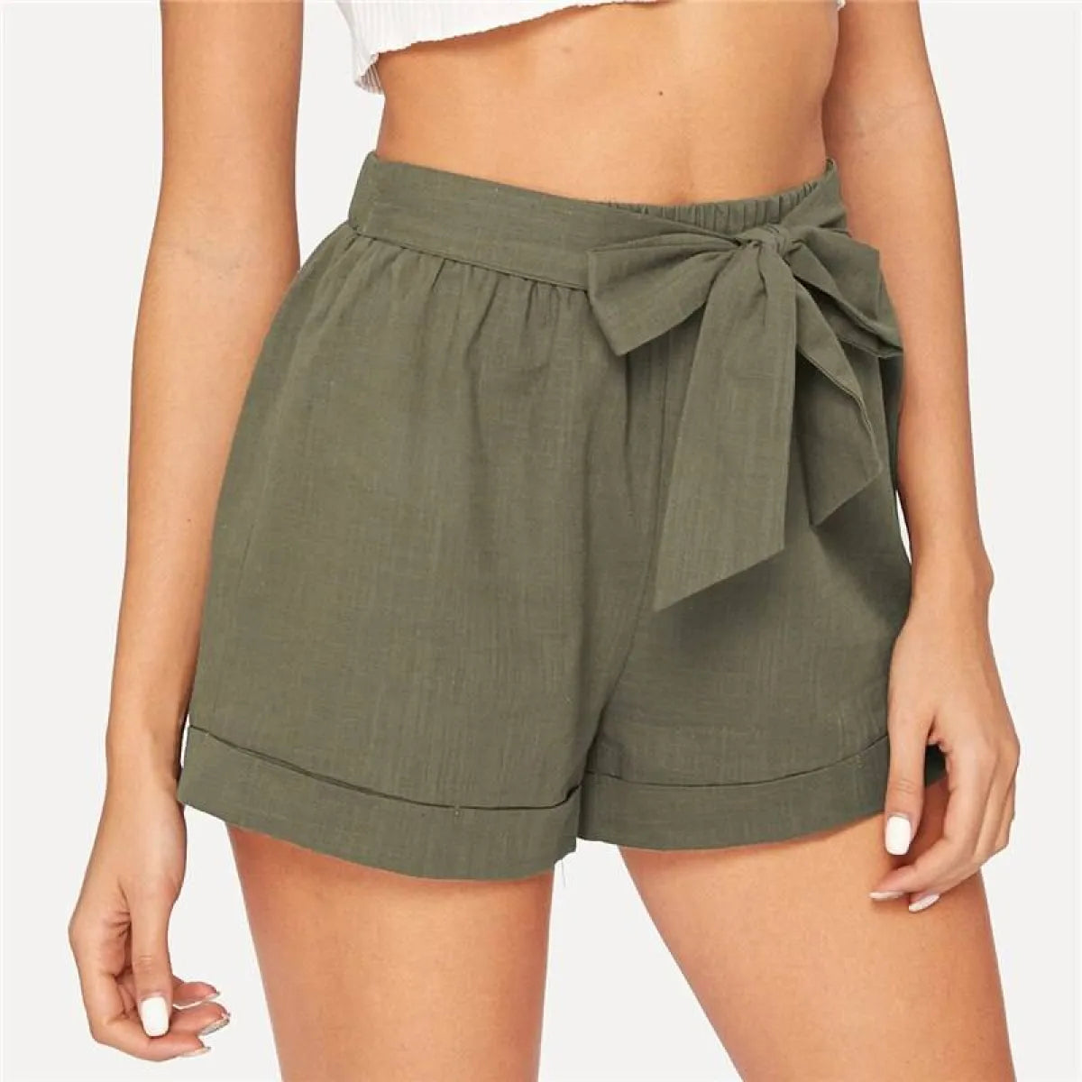 Women’s Elastic Waist Belted Army Green Shorts - Bottoms - 1
