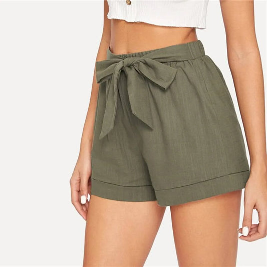 Women’s Elastic Waist Belted Army Green Shorts - Bottoms - 2