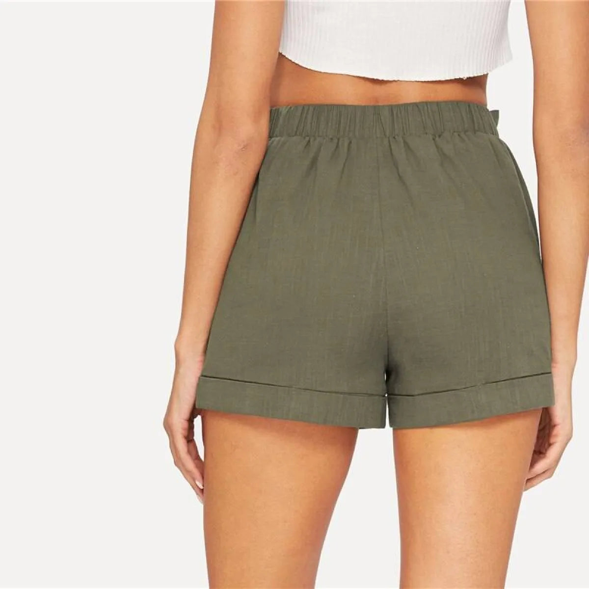 Women’s Elastic Waist Belted Army Green Shorts - Bottoms - 3