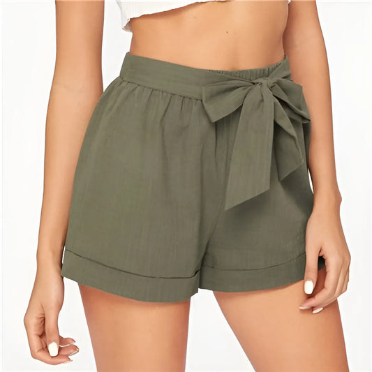 Women’s Elastic Waist Belted Army Green Shorts - Bottoms - 5
