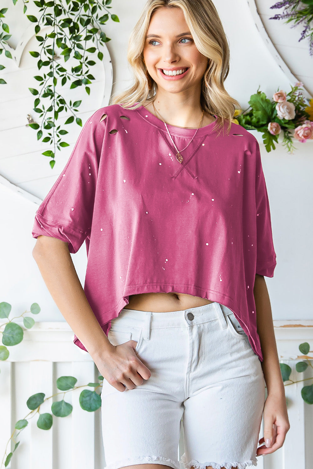 Distressed Asymmetric Hem Cropped Tee Shirt - Pink / S - T-Shirts - Shirts & Tops - 10 - 2024