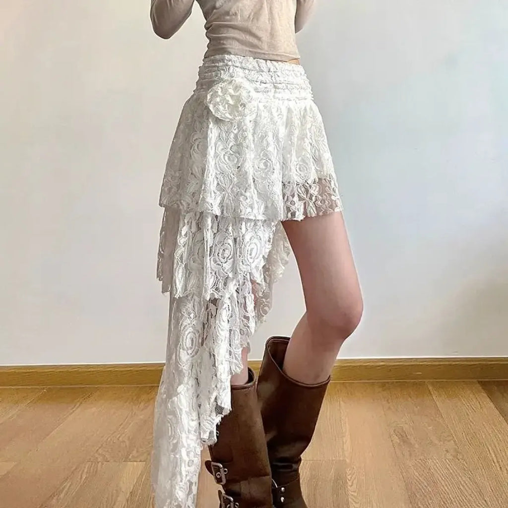 White Asymmetrical Lace Skirt – Fairycore Boho Irregular Skirt - Bottoms - Skirts - 2