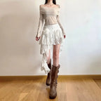 White Asymmetrical Lace Skirt – Fairycore Boho Irregular Skirt - Bottoms - Skirts - 3