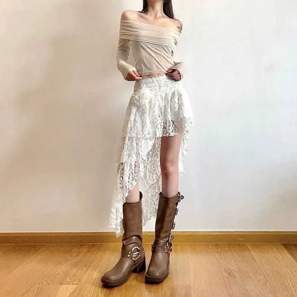 White Asymmetrical Lace Skirt – Fairycore Boho Irregular Skirt - Bottoms - Skirts - 4