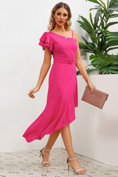 Ruffled Asymmetrical Neck Flutter Sleeve Dress - All Dresses - Dresses - 11 - 2024