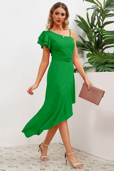 Ruffled Asymmetrical Neck Flutter Sleeve Dress - All Dresses - Dresses - 7 - 2024