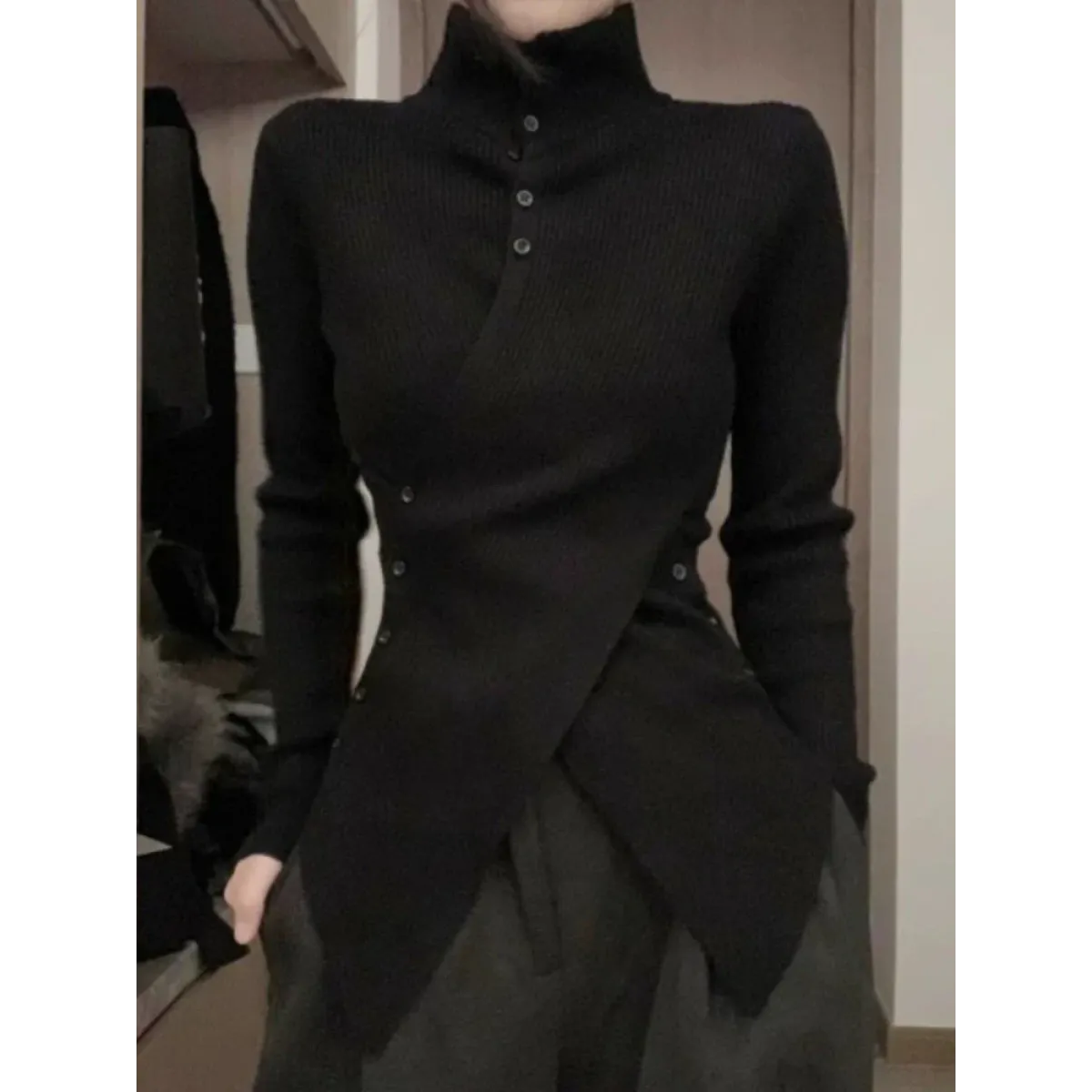 Asymmetrical Turtleneck Slim Knit Sweater - Sweaters - Sweater / Pullover - 1