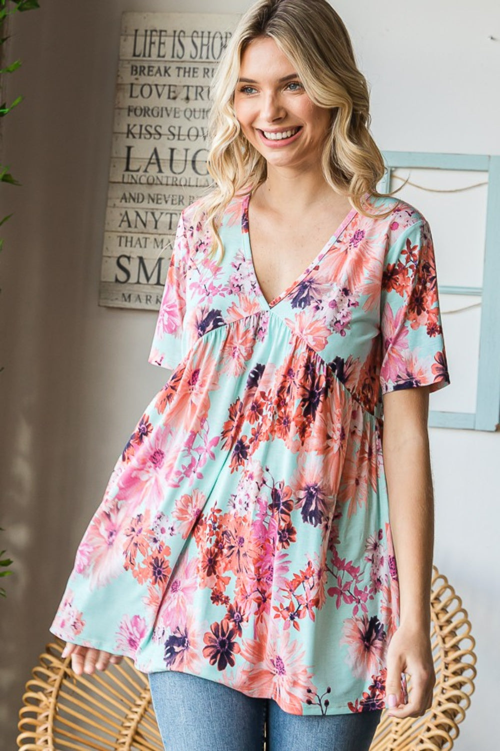 Floral V-Neck Short Sleeve Babydoll Blouse - Women’s Clothing & Accessories - Clothing Tops - 5 - 2024