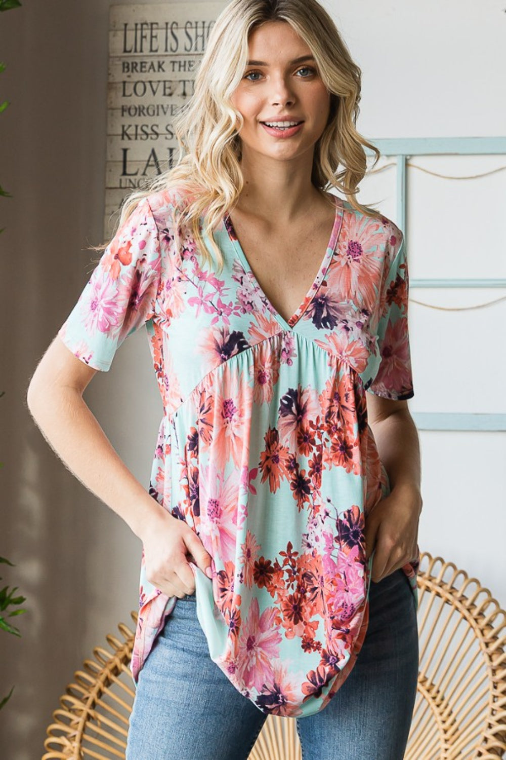 Floral V-Neck Short Sleeve Babydoll Blouse - Women’s Clothing & Accessories - Clothing Tops - 6 - 2024