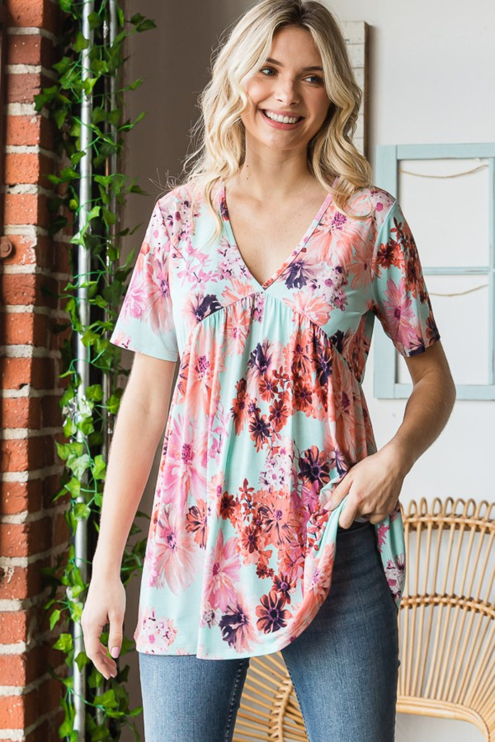 Floral V-Neck Short Sleeve Babydoll Blouse - Women’s Clothing & Accessories - Clothing Tops - 7 - 2024