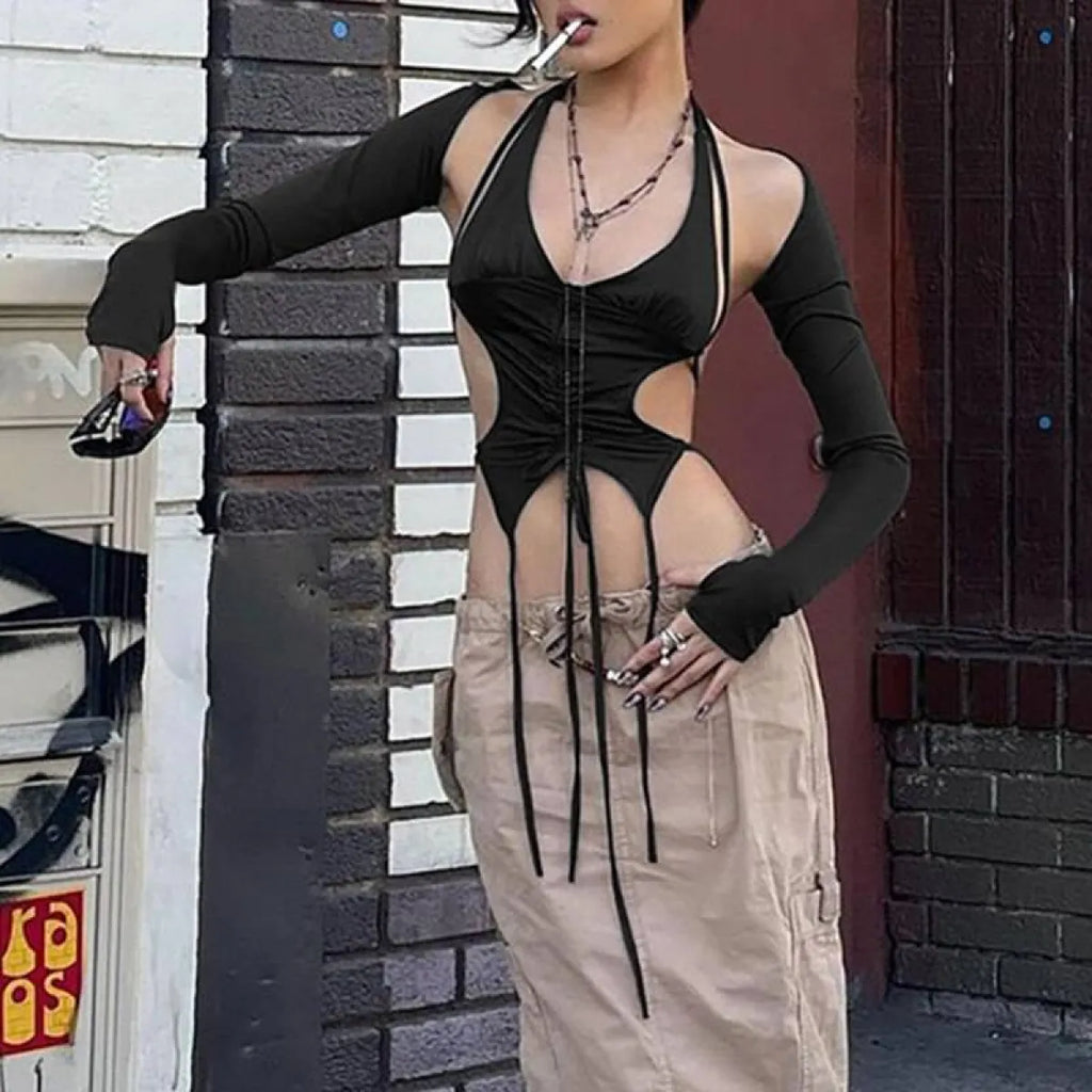 Backless Long Sleeve Crop Tops - Women’s Clothing & Accessories - Long - Asymmetric - Crop Tops - 17