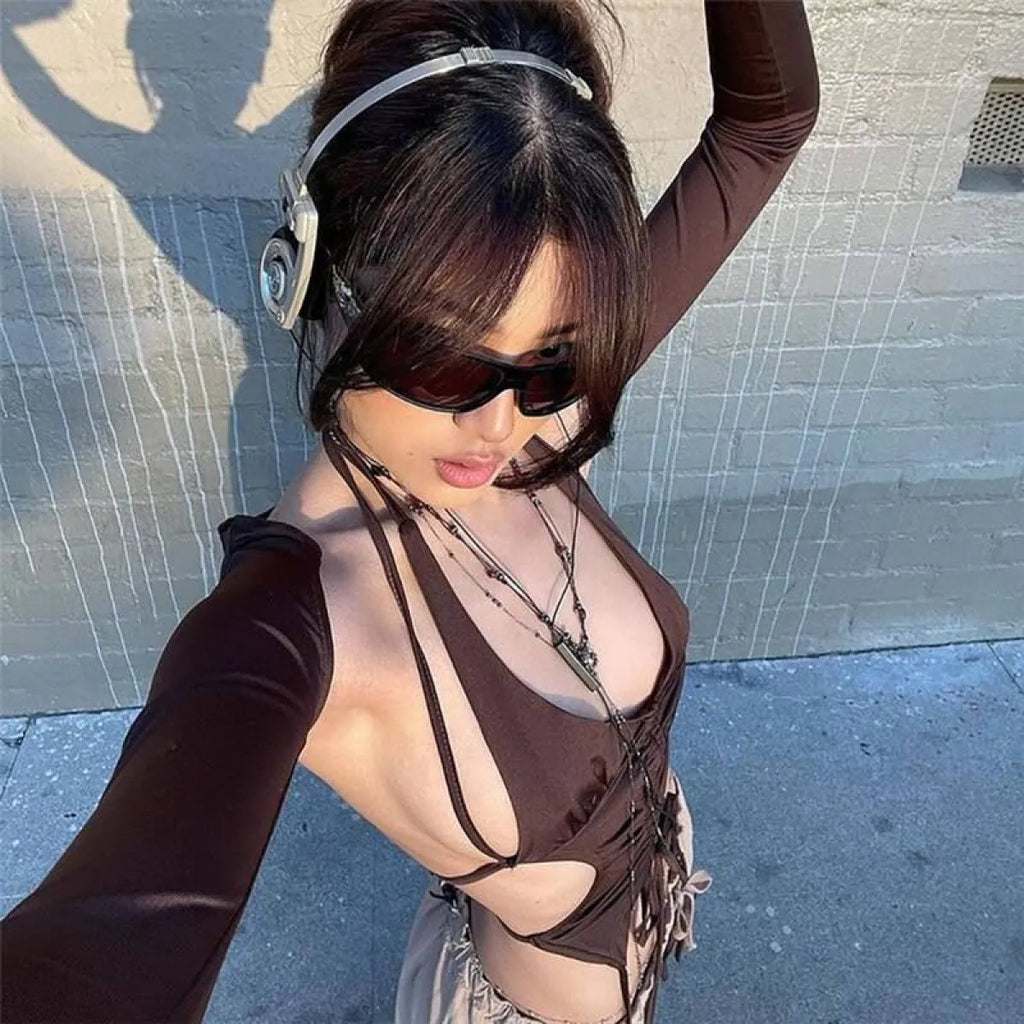 Backless Long Sleeve Crop Tops - Women’s Clothing & Accessories - Long - Asymmetric - Crop Tops - 18