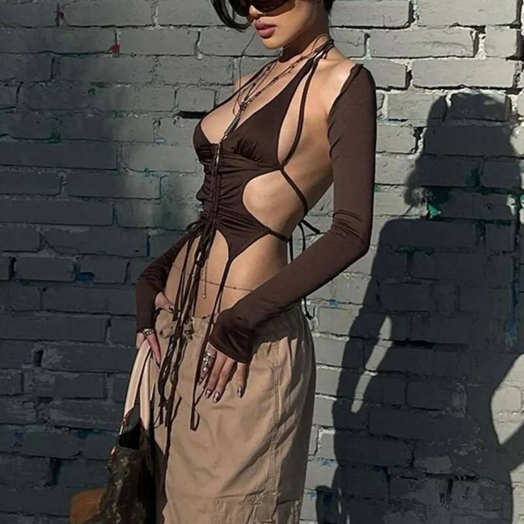 Backless Long Sleeve Crop Tops - Women’s Clothing & Accessories - Long - Asymmetric - Crop Tops - 19