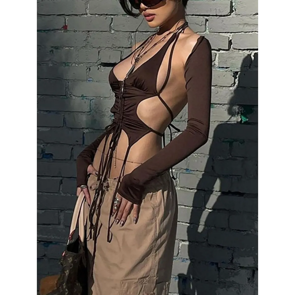 Backless Long Sleeve Crop Tops - Women’s Clothing & Accessories - Long - Asymmetric - Crop Tops - 2