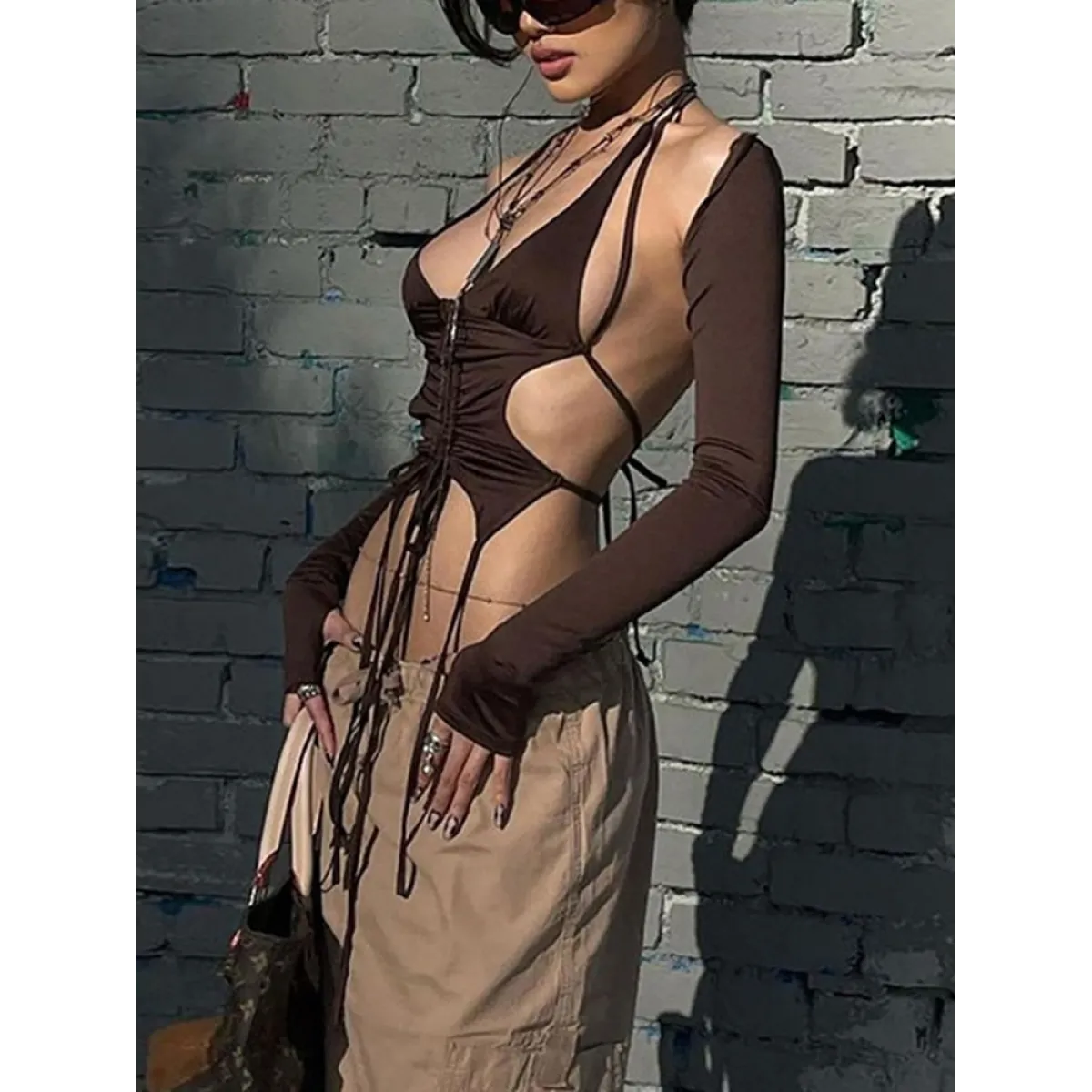 Backless Long Sleeve Crop Tops - Women’s Clothing & Accessories - Long - Asymmetric - Crop Tops - 2