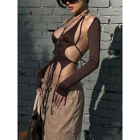 Backless Long Sleeve Crop Tops - Women’s Clothing & Accessories - Long - Asymmetric - Crop Tops - 2