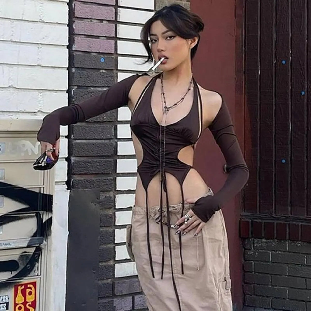 Backless Long Sleeve Crop Tops - Women’s Clothing & Accessories - Long - Asymmetric - Crop Tops - 21